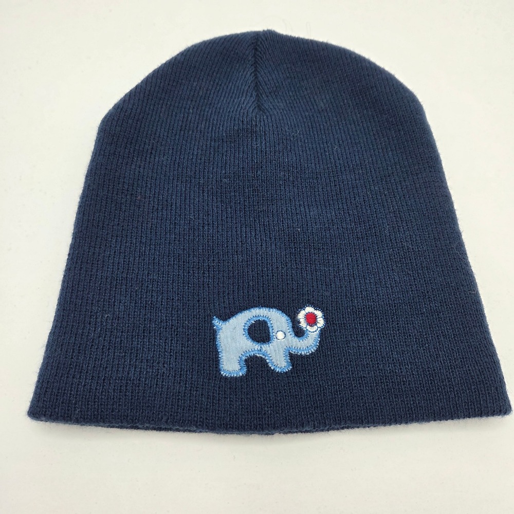 Tilt Beanie Hat Elephant Flower Embroidery Navy Blue Acrylic Vintage Style